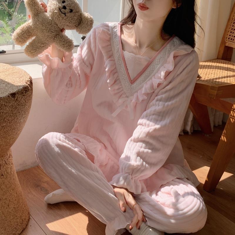 睡衣女秋冬季珊瑚絨法蘭絨加厚甜美可愛公主風花邊家居服套裝新款