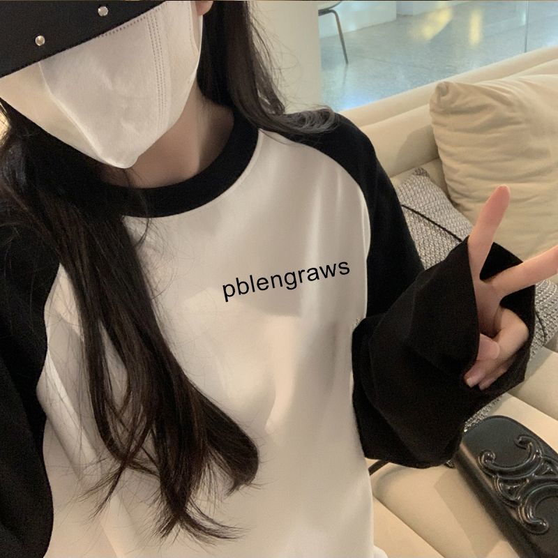 純棉美式復古拼接插肩長袖t恤女秋季oversize設計小眾黑白撞色ins