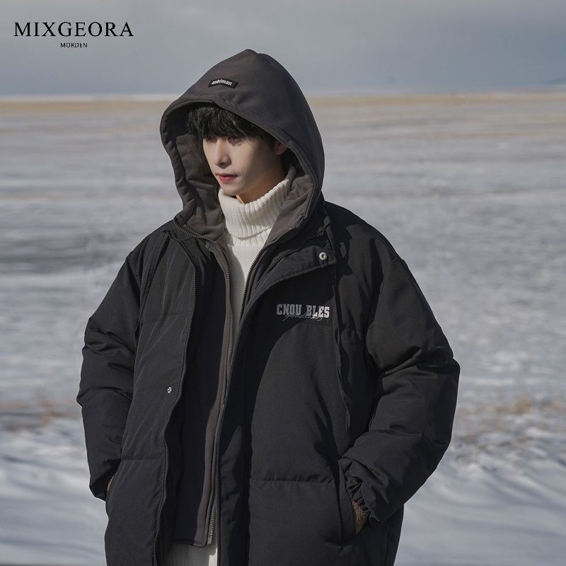 MIX GEORA假兩件簡約棉衣外套男冬季高街美式復古連帽麵包服棉服