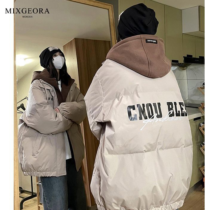 MIX GEORA American retro fake two-piece hooded cotton coat for men and women winter cotton coat casual printed bread coat ins