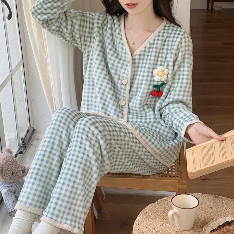 甜美櫻桃花格子珊瑚絨睡衣女秋冬季可愛日系長袖法蘭絨套裝家居服
