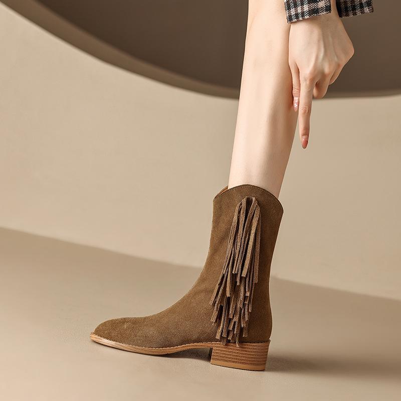 British style retro thick heel short boots nubuck leather tassel knight boots women's mid-calf all-match slim western cowboy boots