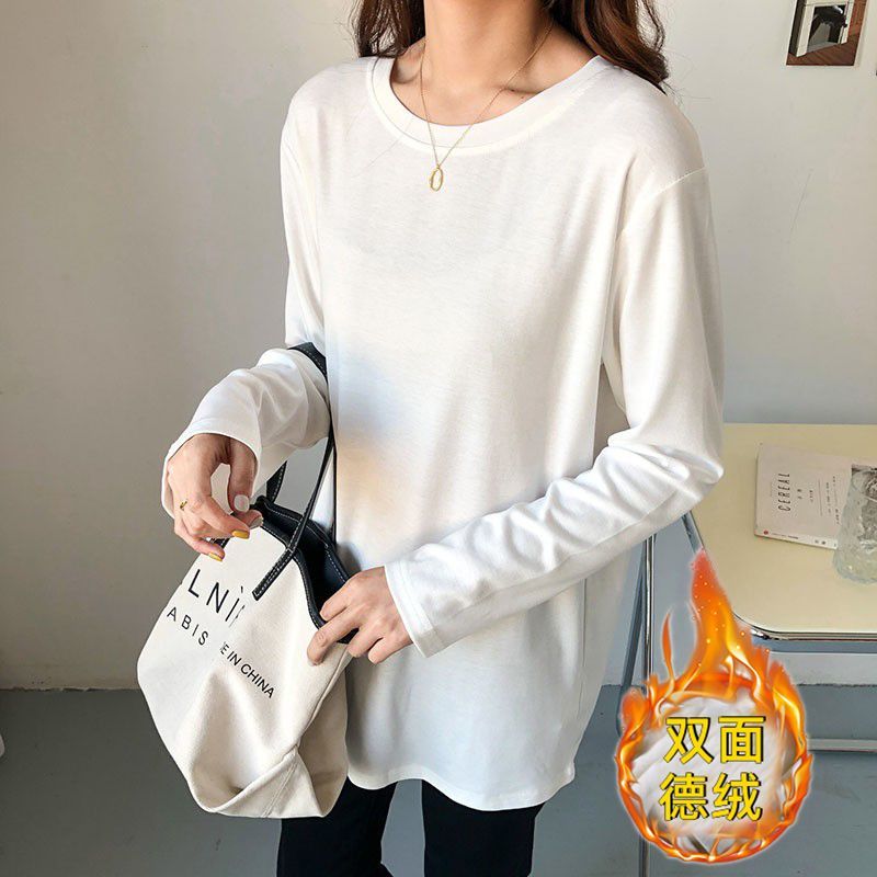 秋冬德絨加絨加厚白色長袖T恤女2023新款寬鬆打底衫衛衣內搭上衣