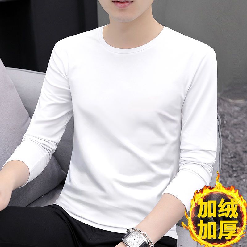 Men's long-sleeved T-shirt bottoming autumn and winter trendy round neck solid color velvet thickened T-shirt warm pure cotton casual top