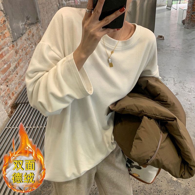 雙面德絨t恤長袖女圓領寬鬆打底衫新款加厚保暖ins超火上衣女內搭
