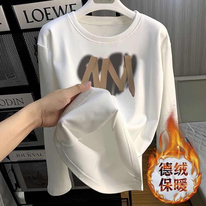 加厚雙面德絨圓領白色印花打底衫女加絨秋冬磨毛內搭寬鬆長袖t恤