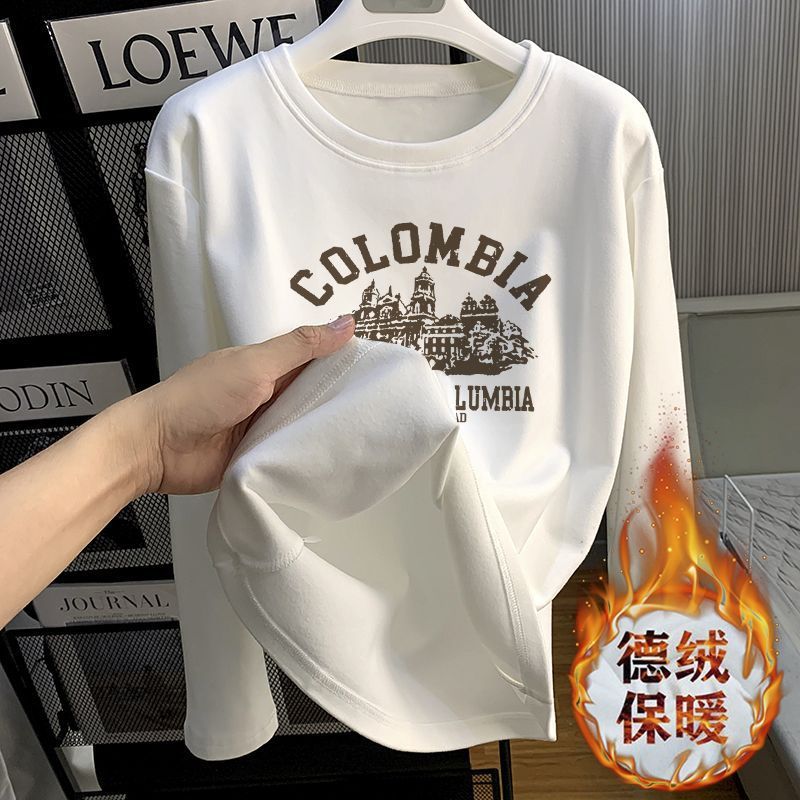 加厚雙面德絨圓領白色印花打底衫女加絨秋冬磨毛內搭寬鬆長袖t恤