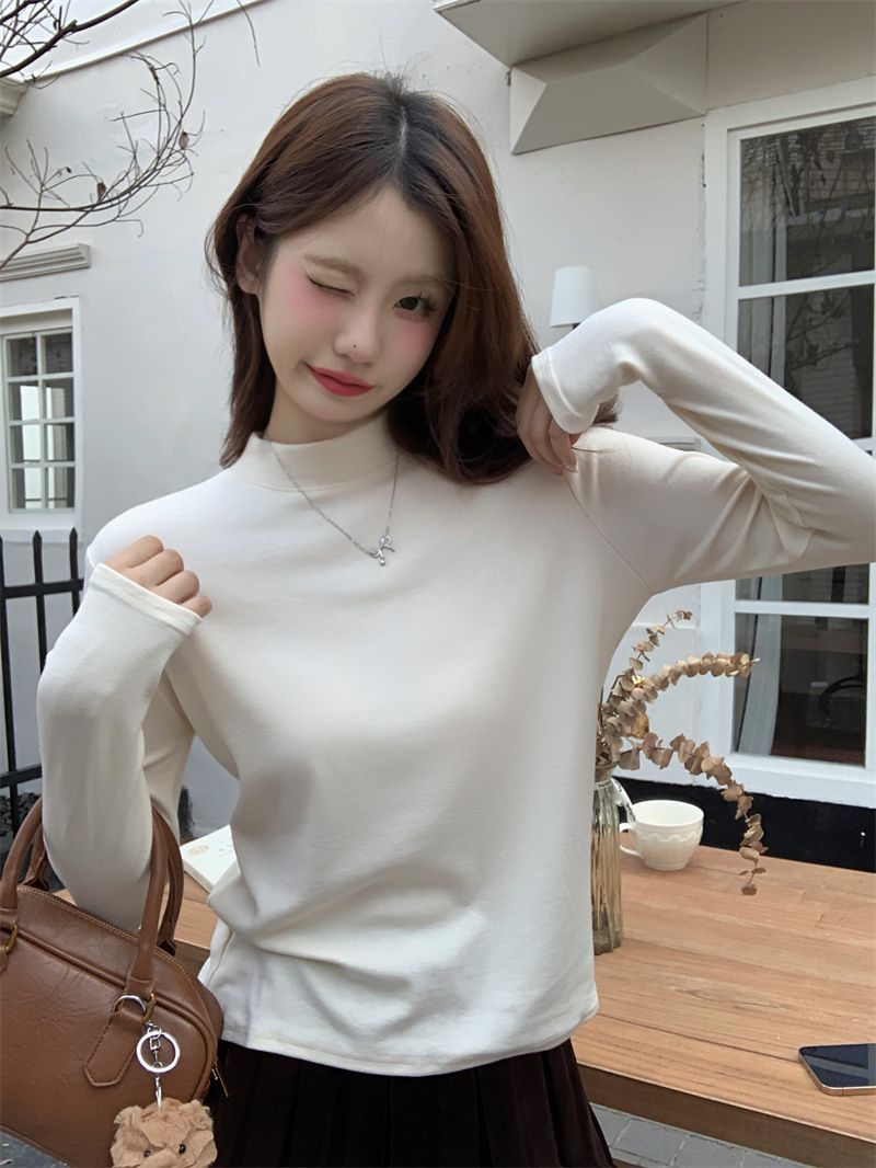 法式德絨半高領打底衫女內搭修身顯瘦t恤秋冬加絨加厚長袖上衣ins