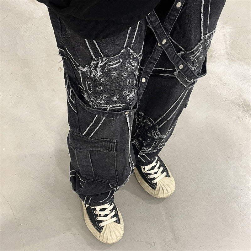 美式復古貼布刺繡水洗牛仔褲男女潮牌街頭hiphop直筒寬鬆闊腿長褲