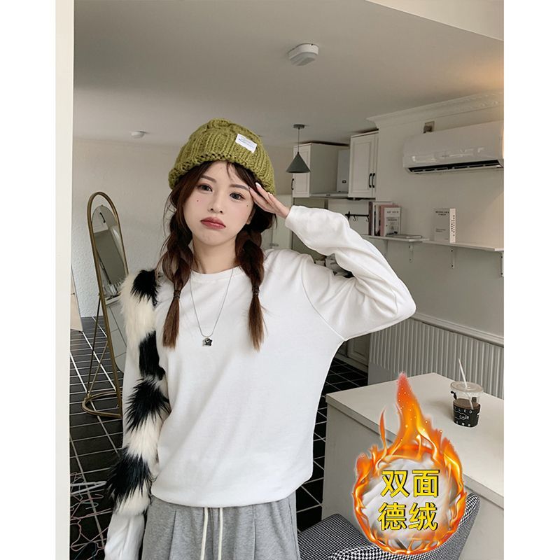 加厚雙面德絨圓領白色打底衫女加絨秋冬磨毛內搭純色寬鬆長袖t恤
