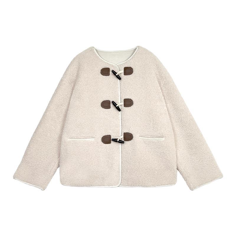 Retro all-match lamb wool coat for women winter new small loose casual warm coat horn button coat