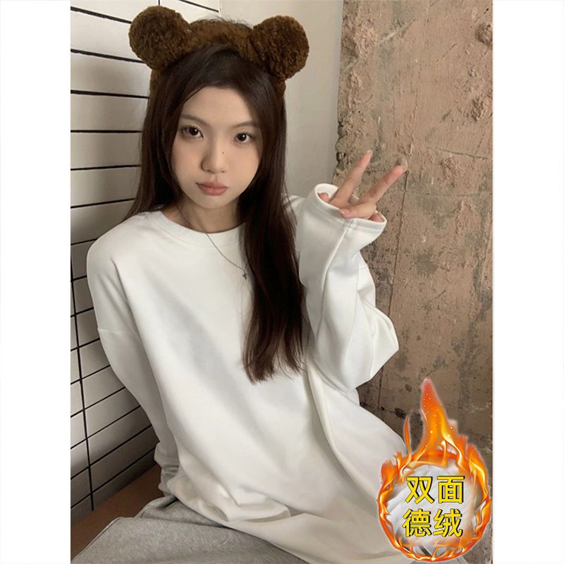 加厚雙面德絨圓領白色打底衫女加絨秋冬磨毛內搭純色寬鬆長袖t恤