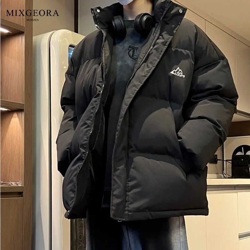 MIX GEORA加厚軟山棉服男冬季立領外套寬鬆黑色麵包服潮刺繡棉衣
