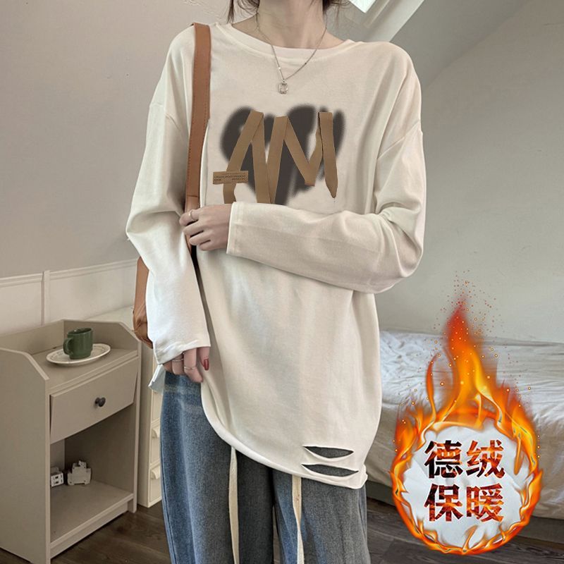 雙面德絨白色破洞t恤女中長款寬鬆加絨秋冬長袖上衣磨毛內搭打底