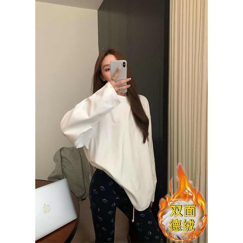 秋冬德絨加絨加厚白色長袖T恤女2023新款寬鬆打底衫內搭上衣ins