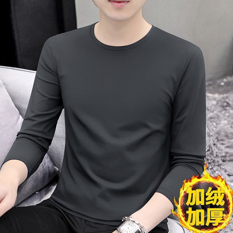Men's fleece T-shirt winter new solid color round neck pullover thickened top men's casual versatile long-sleeved bottoming shirt