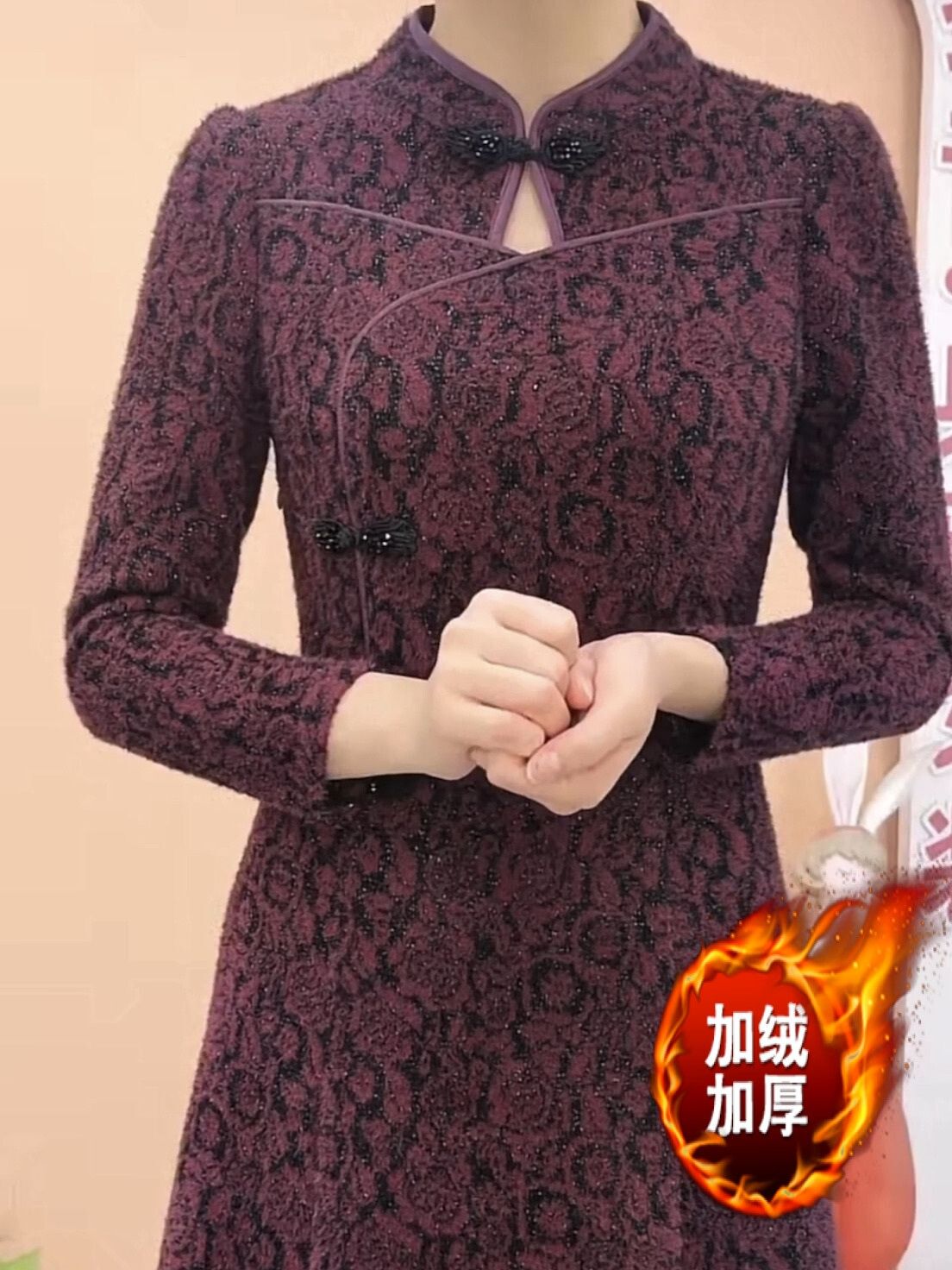 加絨加厚國風貴妃絨改良版旗袍連衣裙2023新款冬高檔加厚氣質裙子
