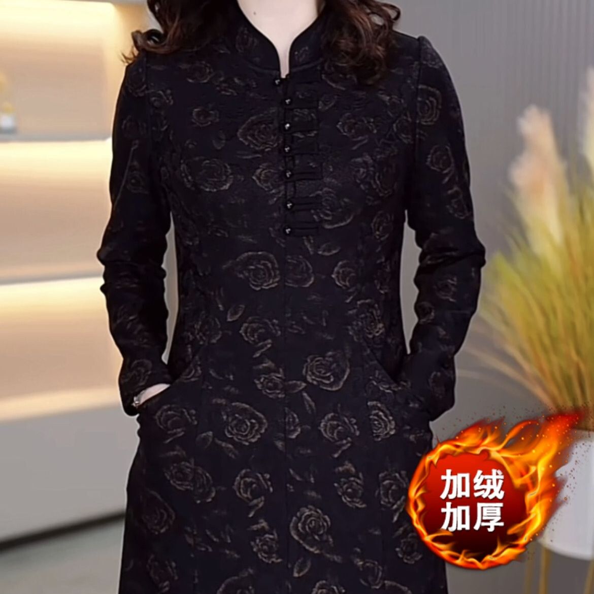 國風加絨加厚花蘿精紡連衣裙2023新款冬季女裝高檔改良版旗袍裙子