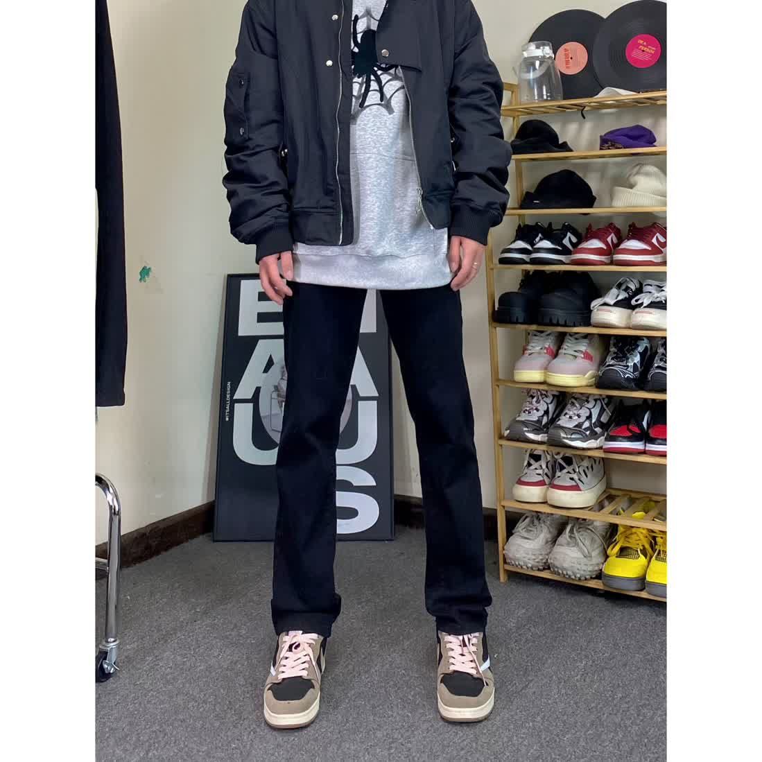 cleanfit黑色加絨直筒牛仔褲男女美式高街痞帥修身顯瘦窄版拖地褲