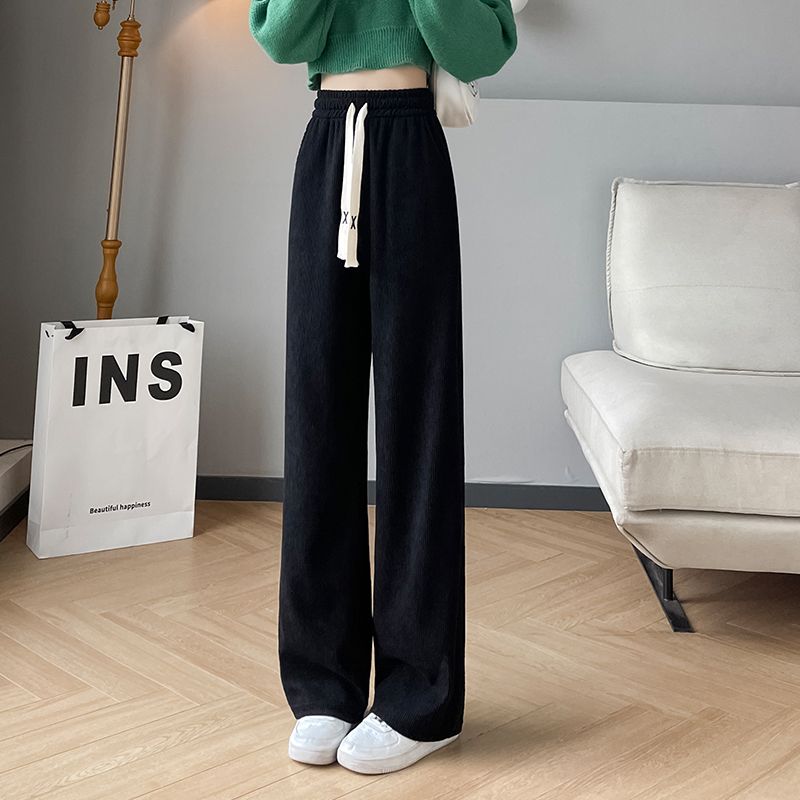 Velvet wide-leg pants for women in autumn and winter with pockets, European velvet high-waist slim straight pants for women, loose and drapey large size casual pants for women