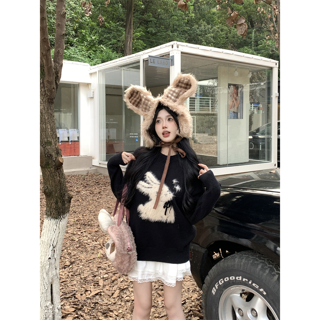 奶fufu慵懶風兔子提花套頭毛衣女秋冬寬鬆長袖針織衫黑色上衣外穿