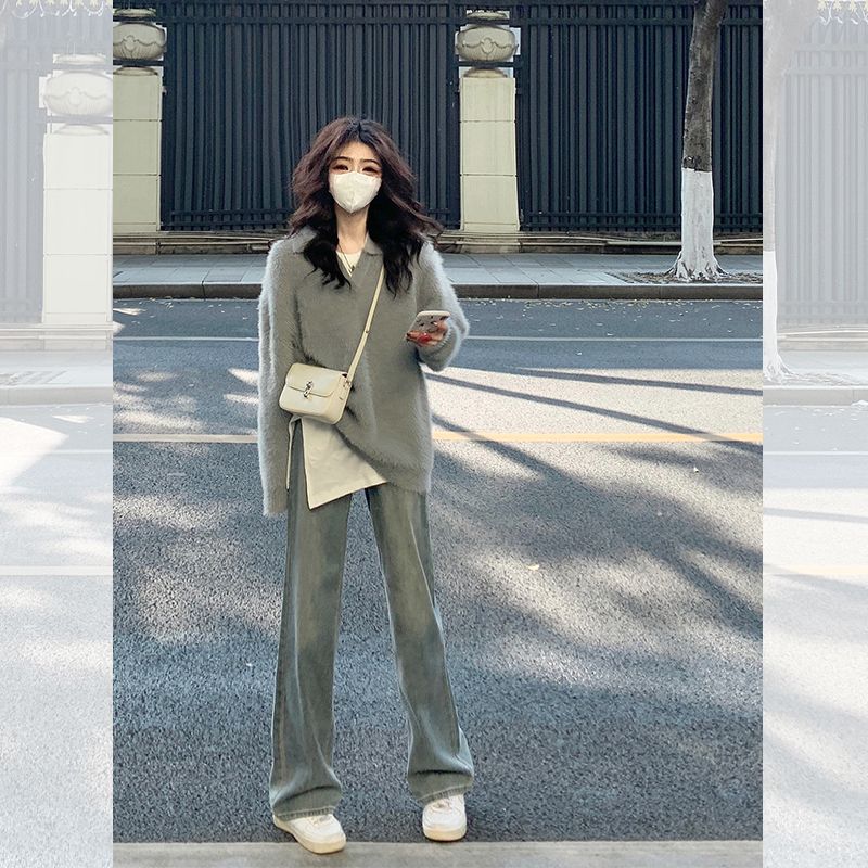 灰色仿貂毛奶fufu毛衣女秋冬季短款新款慵懶風小眾加厚針織衫