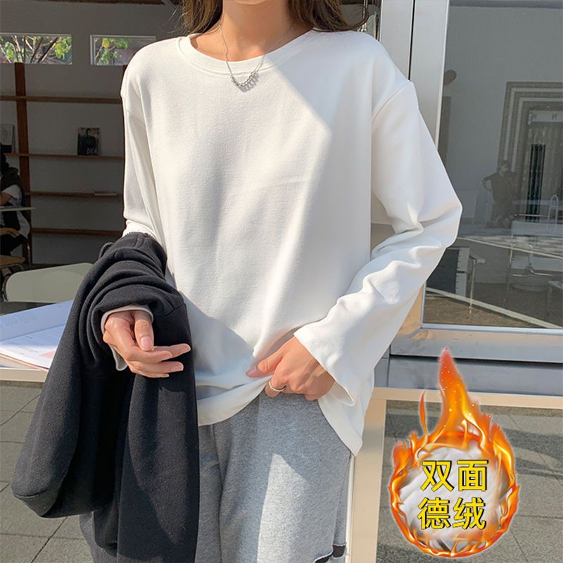 長袖T恤女雙面德絨秋冬禦寒神器加絨打底衫女加厚磨毛t恤女氣質