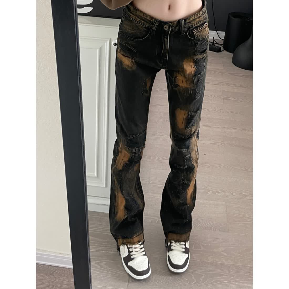 美式水洗塗鴉做舊毛邊Cleanfit牛仔褲男女高街vibe風微喇叭直筒褲