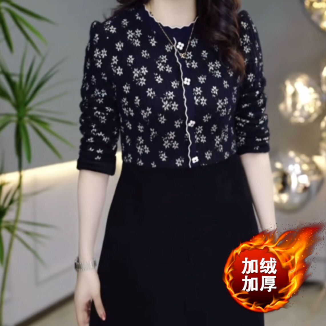 加絨加厚氣質顯瘦安哥拉絨連衣裙2023新款冬季女提花假兩件套裙子
