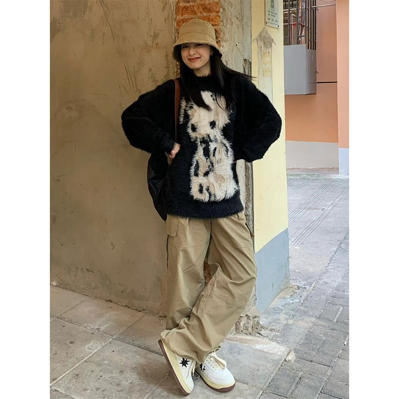 仿貂絨毛衣慵懶風男女冬季斑點狗提花針織衫黑色寬鬆圓領上衣潮牌