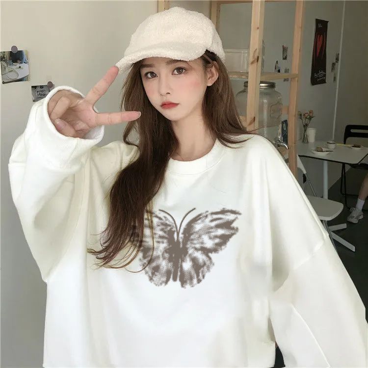 新款白色衛衣秋冬季女韓版寬鬆圓領休閒套頭外套可愛學生上衣ins