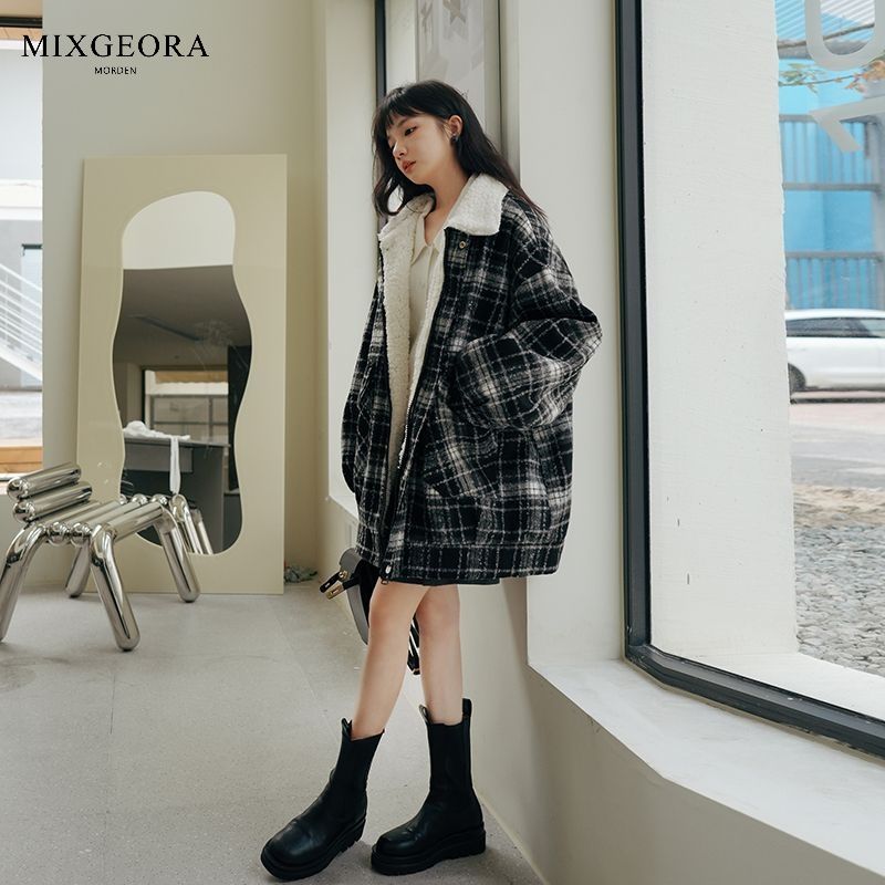 MIX GEORA格子羊羔毛外套女款冬季小個子款韓版寬鬆加絨加厚棉服