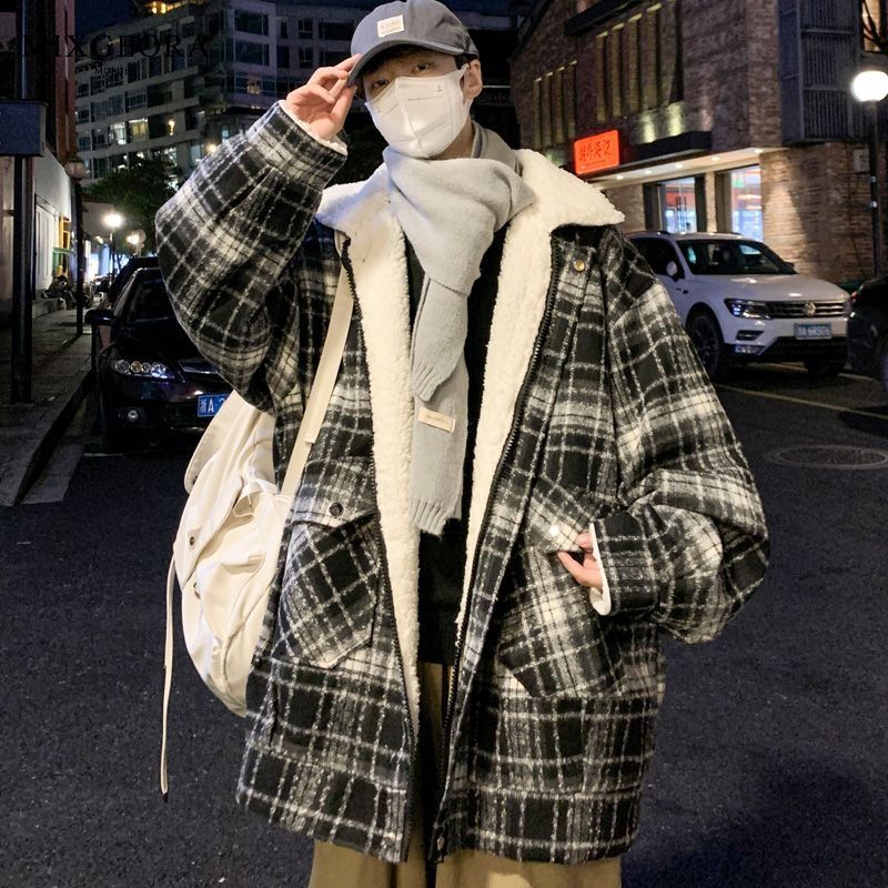 MIX GEORA格子毛呢大衣男款冬季羊羔毛棉衣外套美式加厚翻領棉襖