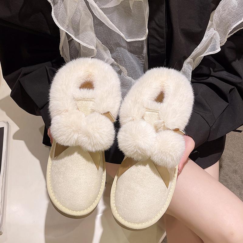 可愛毛球雪地靴冬季女2023新款白色毛茸茸加絨棉靴短靴