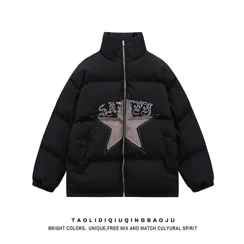 European and American street fashion star patch stand collar warm cotton coat for men and women winter couple thickened casual jacket bf