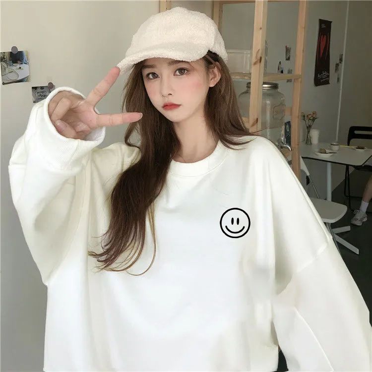新款白色衛衣秋冬季女韓版寬鬆圓領休閒套頭外套可愛學生上衣ins