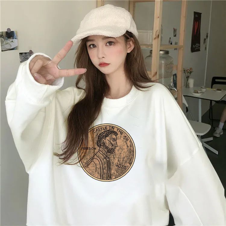 新款白色衛衣秋冬季女韓版寬鬆圓領休閒套頭外套可愛學生上衣ins