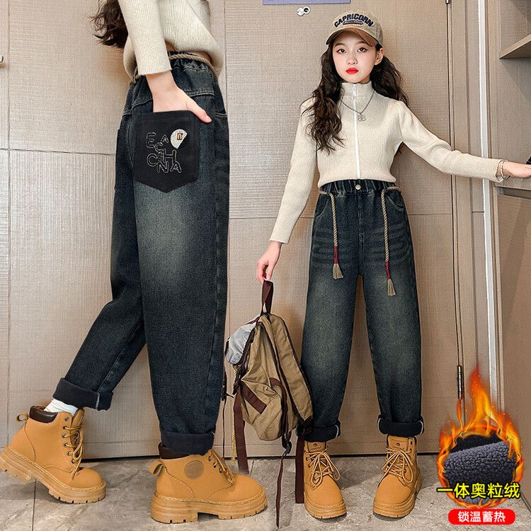 女童牛仔褲秋冬款外穿加絨加厚冬季一體絨老爹褲大童冬天兒童褲子
