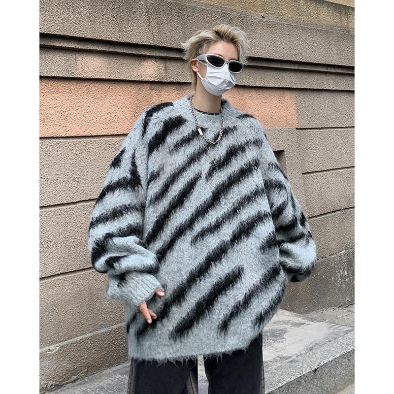 撞色條紋毛衣男秋冬季美式hiphop針織衫潮牌高級感軟糯慵懶風外套