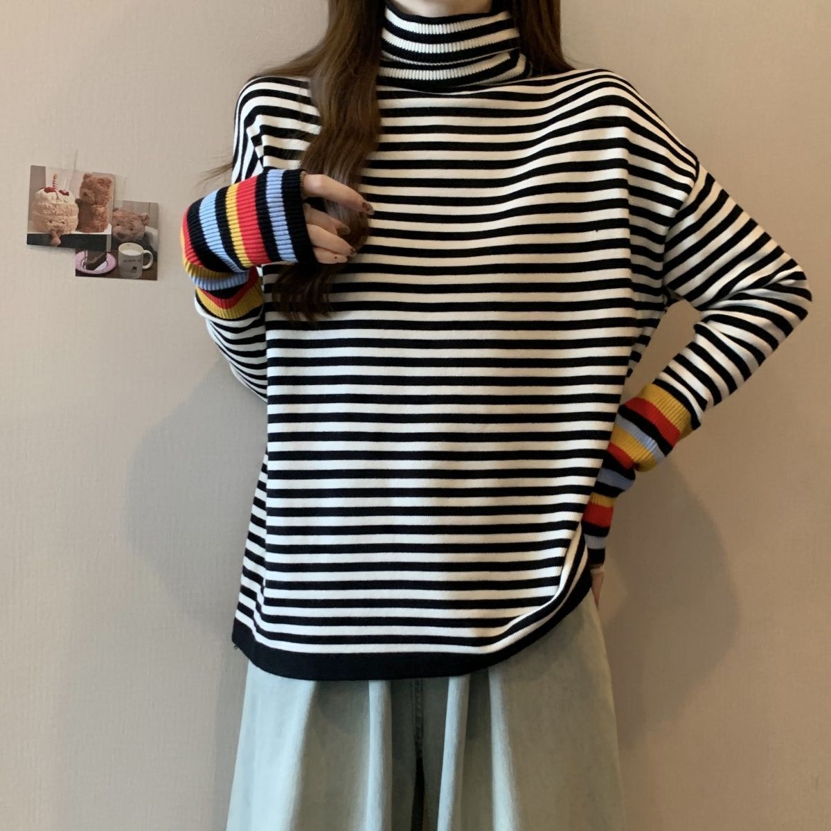 加絨保暖條紋高領打底衫女秋冬季新款寬鬆顯瘦彩虹袖內搭長袖上衣