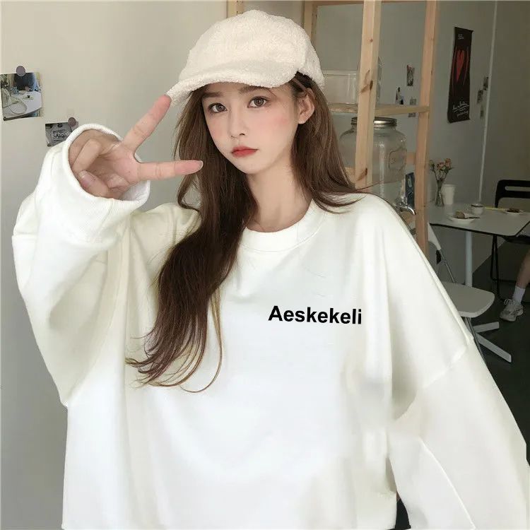 新款白色衛衣秋冬季女韓版寬鬆圓領休閒套頭外套可愛學生上衣ins