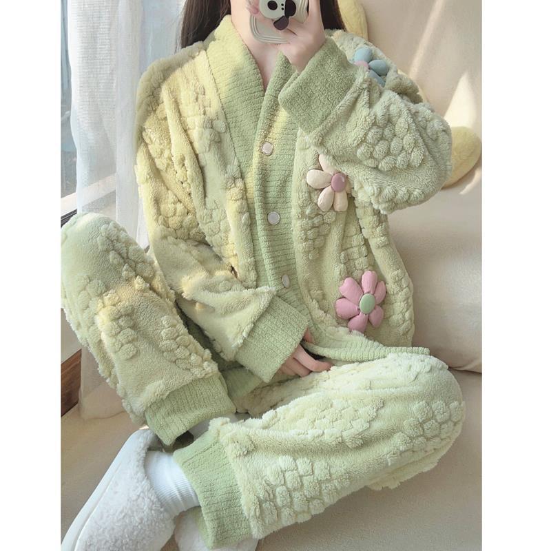 軟綿綿冬季睡衣女加絨加厚花朵綠色秋天2023新款珊瑚絨家居服套裝