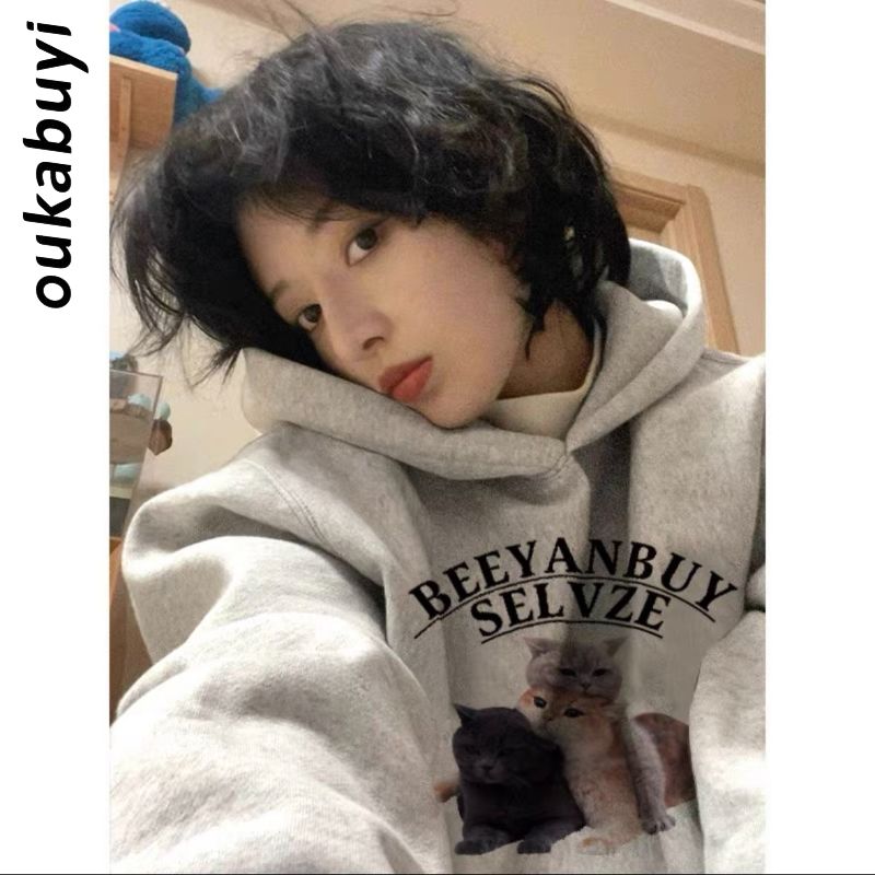 OUKABUYI100%純棉美式復古連帽衛衣女秋冬潮流學院甜美寬鬆上衣潮