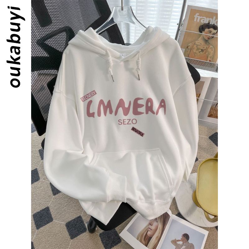 OUKABUYI100%純棉連帽衛衣女秋冬美式學院風多巴胺休閒寬鬆上衣潮