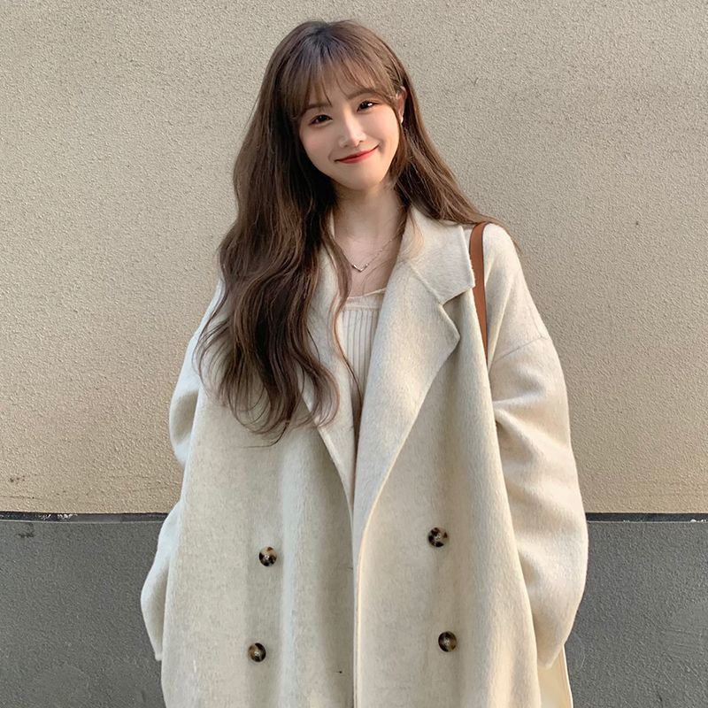 燕麥色雙面羊絨大衣女中長款2023秋冬季小個子白色呢子羊毛呢外套