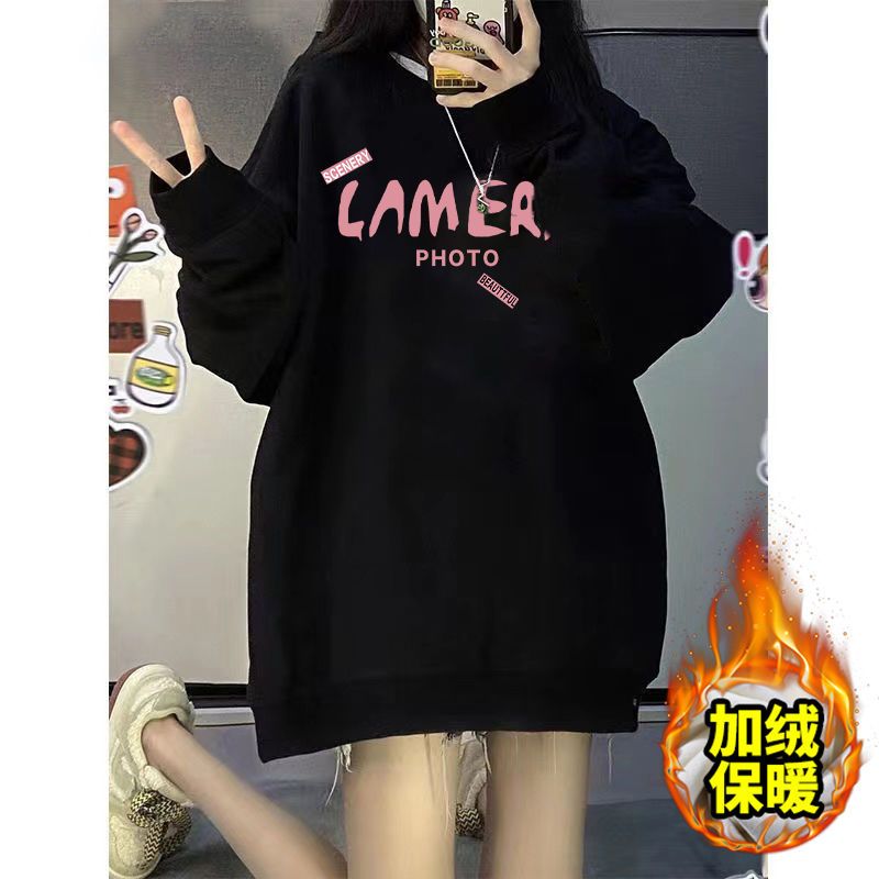 ins加絨加厚黑色無帽衛衣女秋冬oversize寬鬆新款外套上衣慵懶潮