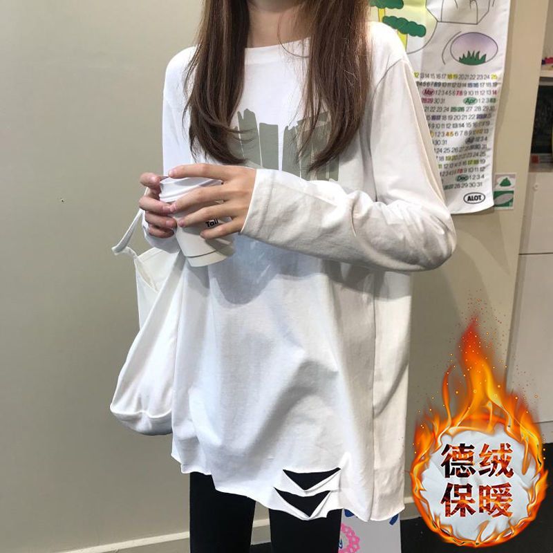 雙面德絨白色破洞t恤女中長款寬鬆加絨秋冬長袖上衣磨毛內搭打底
