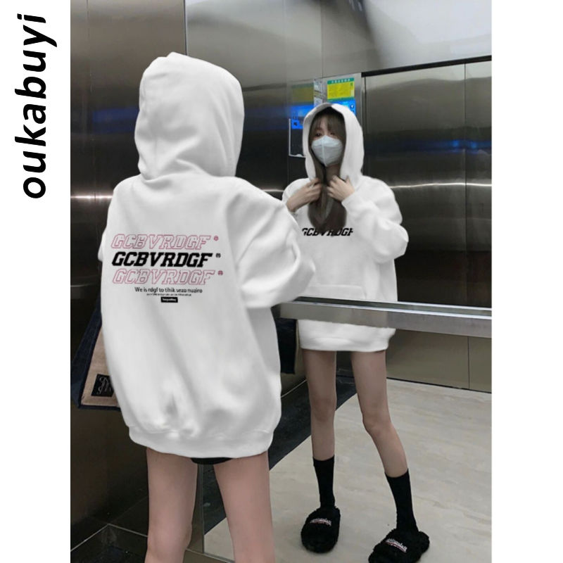 OUKABUYI100%純棉連帽衛衣女秋冬美式潮流設計感個性休閒寬鬆上衣
