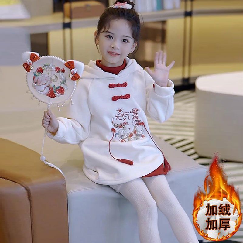 New Chinese style girls' dress autumn and winter  new children's national style embroidered sweatshirt skirt plus velvet New Year's clothing for girls