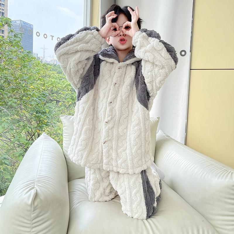 兒童珊瑚絨睡衣秋冬裝2023新款男童法蘭絨家居服套裝大童加厚保暖